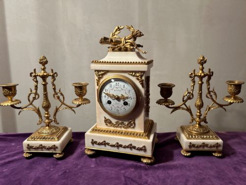 FRENCH WHITE MARBLE CLOCK SET BY RICHOND PARIS C 1870 - ADDITIONAL PHOTO 2