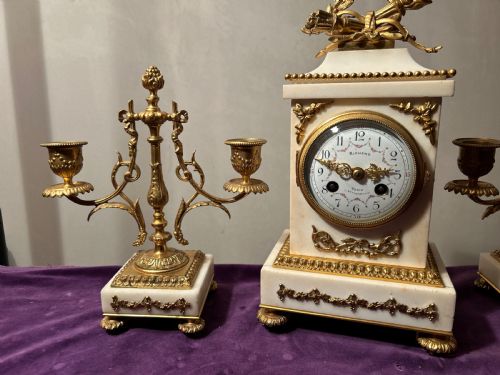 FRENCH WHITE MARBLE CLOCK SET BY RICHOND PARIS C 1870 - ADDITIONAL PHOTO 4