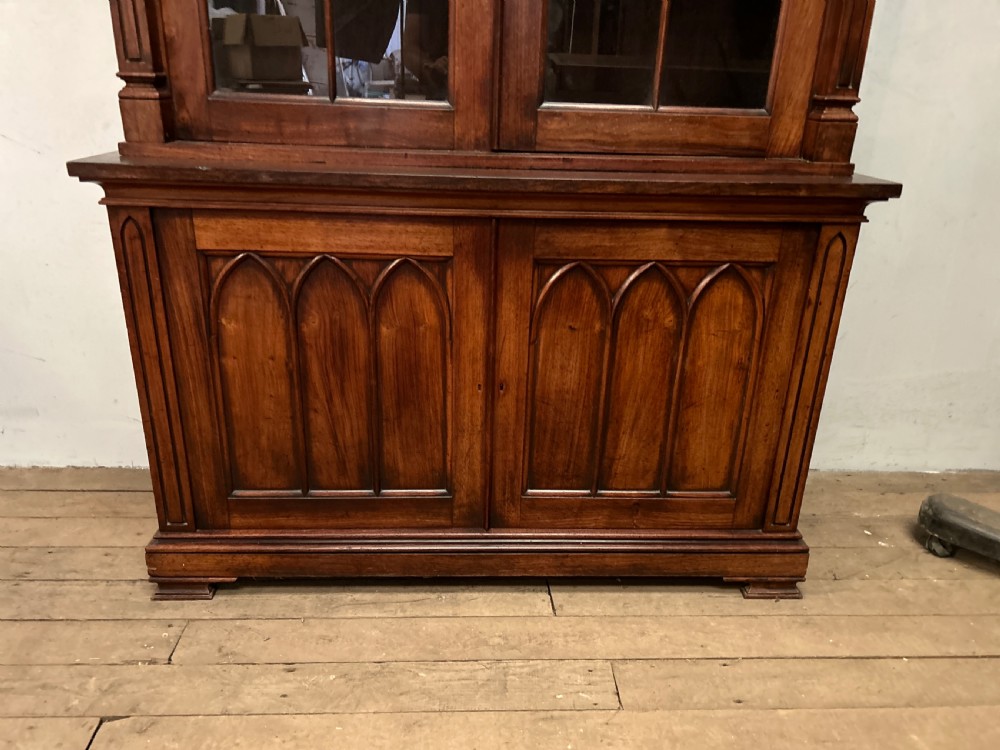A dark George IV rosewood two-tier bookcase featuring upper glazed doors with Gothic lancet arches and lower panelled doors with tracery. View VIII