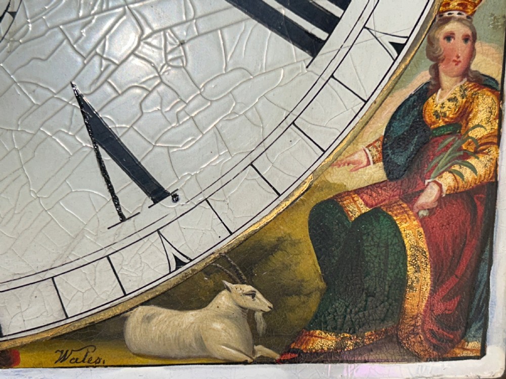 An upright wooden longcase clock featuring a carved swan-neck pediment, a painted dial face, spiral barley twist columns, and a rectangular trunk door. View XV