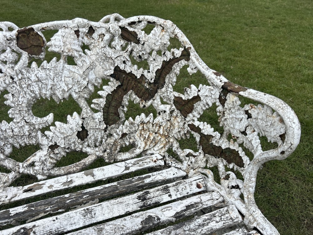 A Victorian white painted cast iron garden bench featuring detailed fern and blackberry motifs on the backrest and a wooden slatted seat. View VI