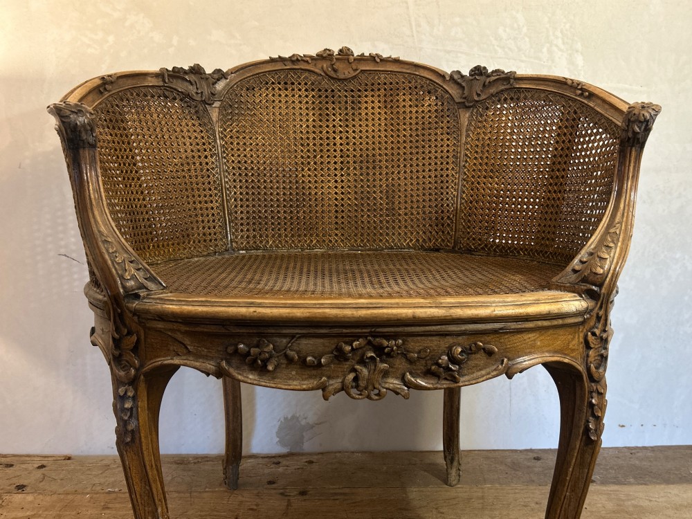 A 19th-century French Louis XV style Corbeille armchair featuring a curved hand-woven cane backrest, carved wooden frame with cabriole legs, and a beige upholstered seat cushion. View VIII