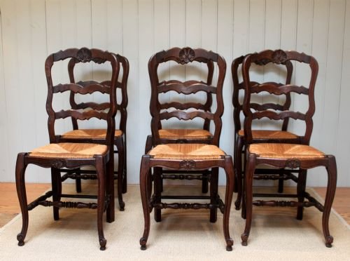 Set of Six French Oak Rush Seated Dining Chairs