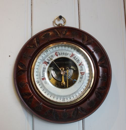 Circular Carved Beechwood Aneroid Barometer