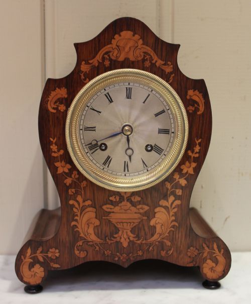 Small Bell Striking Rosewood and Marquetry Mantel Clock