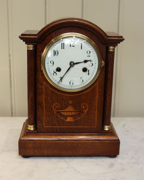 Edwardian Oak and Inlay Striking Mantel Clock (Germany, C. 1910)