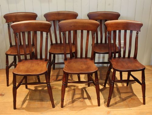 Set of Six Fruitwood and Beech Lath Back Chairs (England, C. 1900)