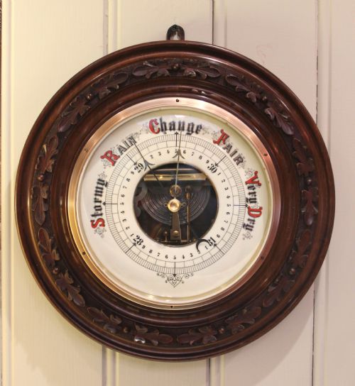 Large 13 Inch Diameter Carved Beechwood Aneroid Barometer