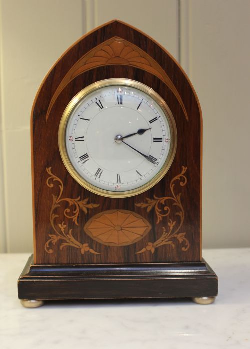 Edwardian Rosewood and Inlay Lancet Timepiece Mantel Clock