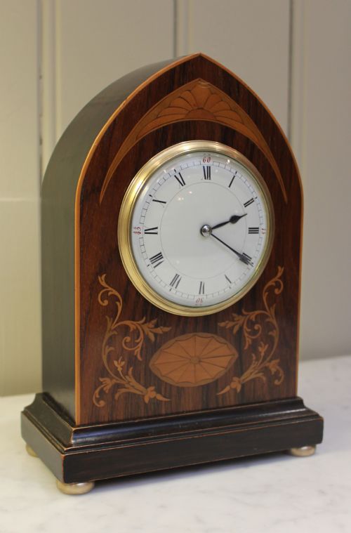 fig 1. Edwardian Rosewood and Inlay Lancet Timepiece Mantel Clock