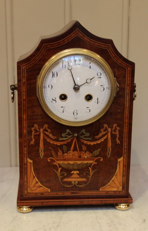 Edwardian Mahogany and Marquetry Mantel Clock