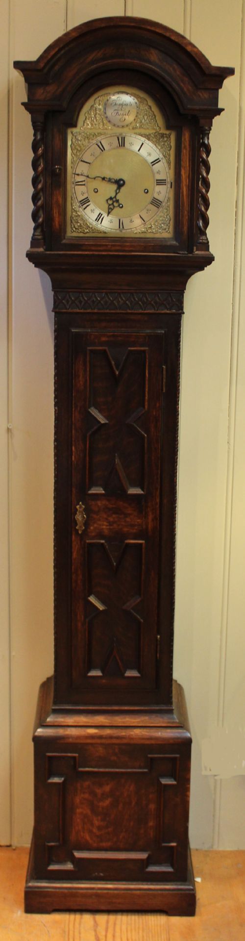 Solid Oak Westminster Chime Grandmother Clock (England, C. 1920)