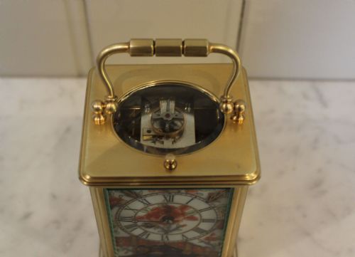 fig 1. Rare French Carriage Clock by Drocourt with Derby Imari style panels