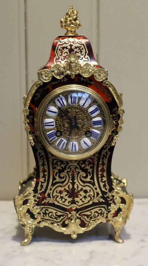 French Tortoiseshell and Brass Inlay Boullework Mantel Clock