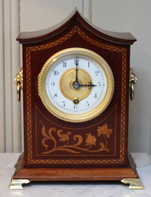 Edwardian Mahogany and Inlay Timepiece Mantel Clock