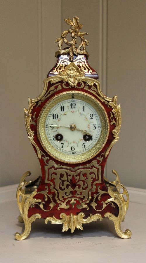 French Tortoiseshell and Brass Inlay Bell Striking Mantel Clock