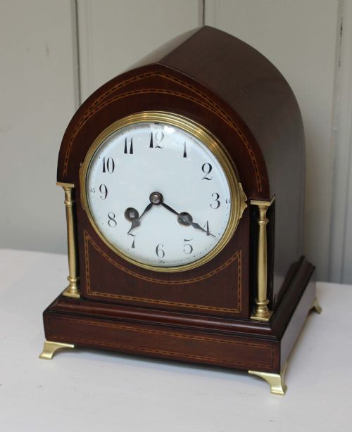 Edwardian Mahogany and Inlay Lancet Top Mantel Clock