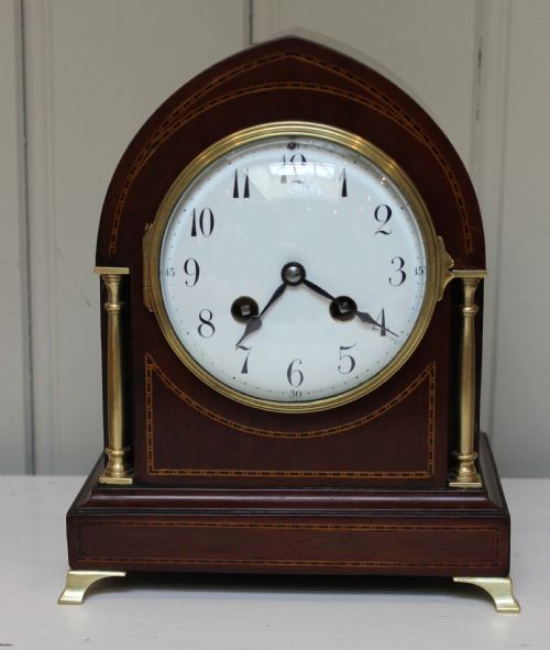 fig 1. Edwardian Mahogany and Inlay Lancet Top Mantel Clock