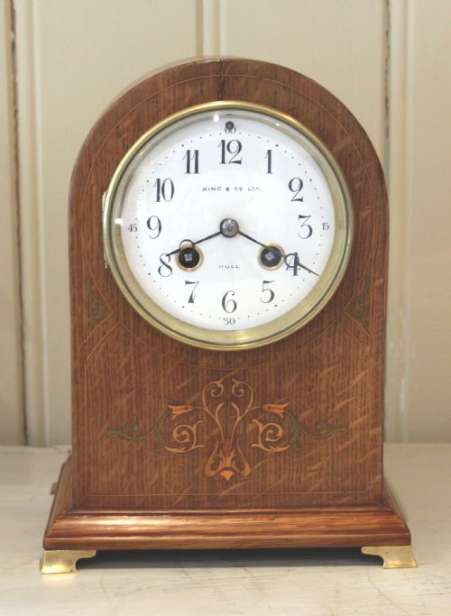 Edwardian Oak and Inlay Dome Top Mantel Clock