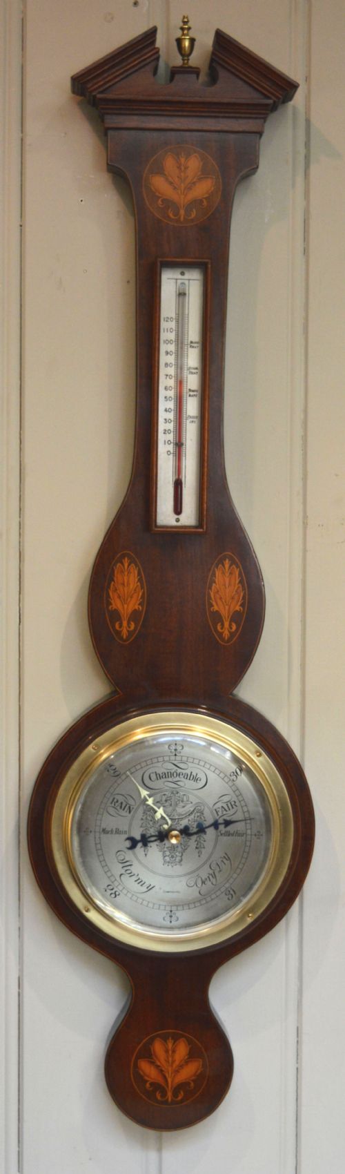 Edwardian Sheraton Style Mahogany and Inlay Aneroid Barometer
