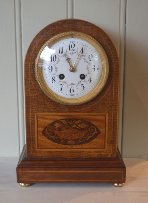 Edwardian Mahogany and Inlay Arch Top Mantel Clock