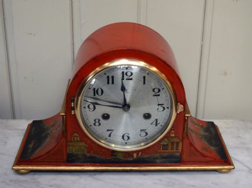 Red Chinoiserie Napoleon Hat Mantel Clock