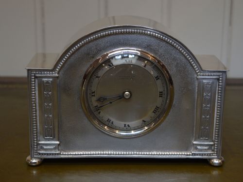 Small Silver Plated Mantel Clock by Harrods (England, C. 1920)