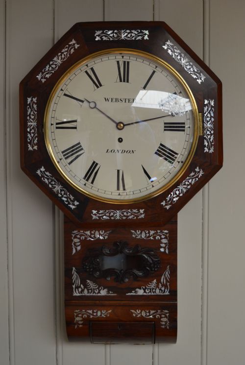 Victorian Rosewood and Mother of Pearl Drop Dial Wall Clock (England, 1850)