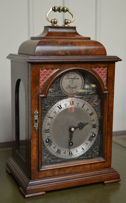 fig 1. Burr Walnut Chiming Bracket Clock By Garrard (England, c. 1920 to c. 1935)