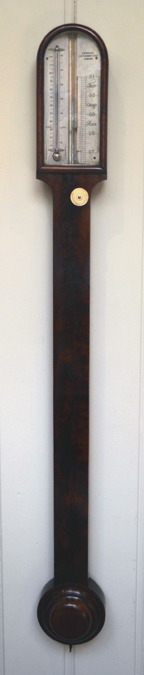 Mid 19th Century Curl Mahogany Stick Barometer (London, C. 1840)