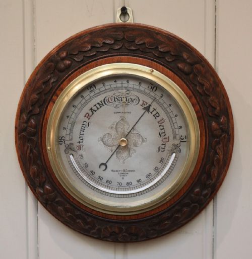Edwardian Carved Oak Aneroid Barometer (England, C. 1905)