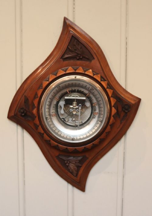 Unusual Walnut Aneroid Barometer (England, C. 1890)