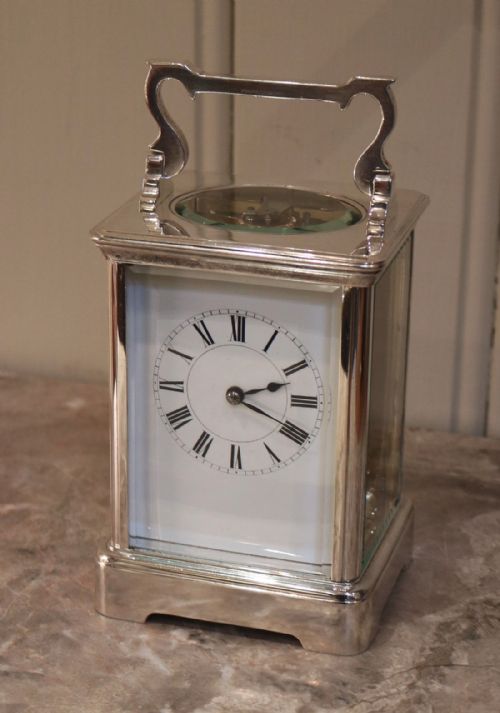 Large Silver Plated French Carriage Clock in Original Case (France, C. 1890)