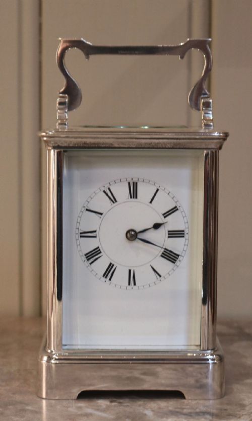 fig 1. Large Silver Plated French Carriage Clock in Original Case (France, c. 1890)