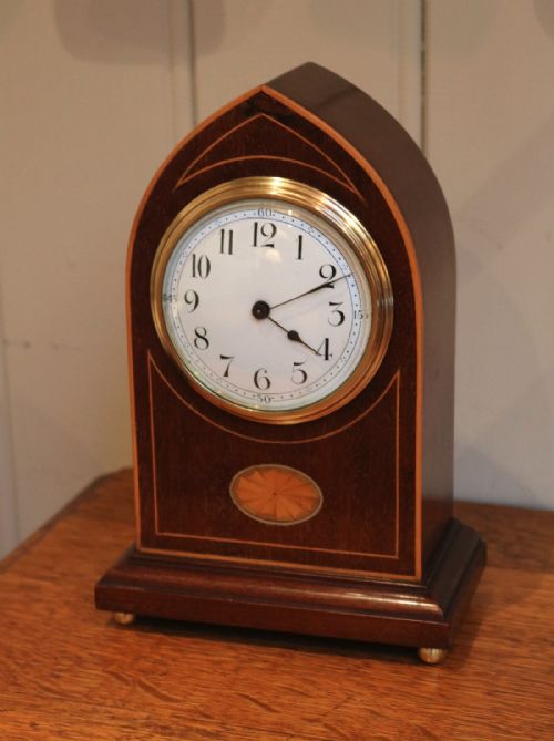 Edwardian Mahogany and Inlay Lancet Top Mantel Clock