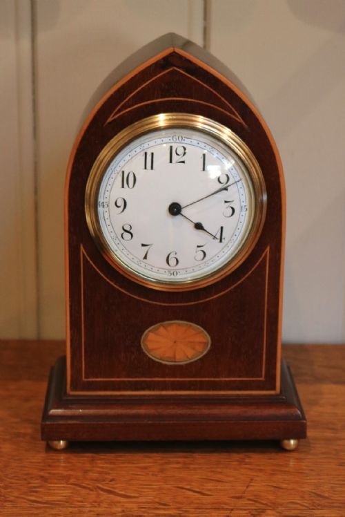 fig 1. Edwardian Mahogany and Inlay Lancet Top Mantel clock
