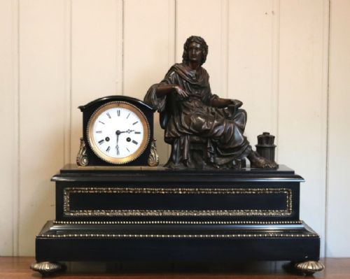 Ornate French Slate and Bronze Mantel Clock (France, C. 1890)