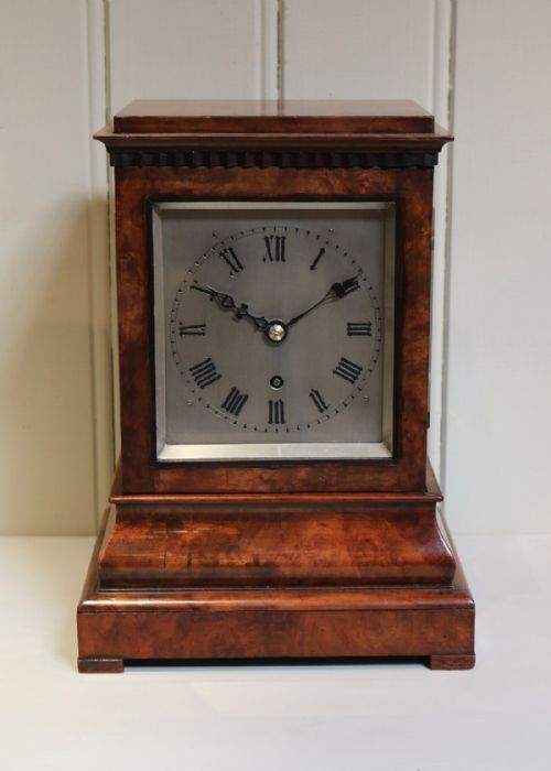 Burr Walnut Four Glass Library Timepiece Bracket Clock (England, C. 1860)