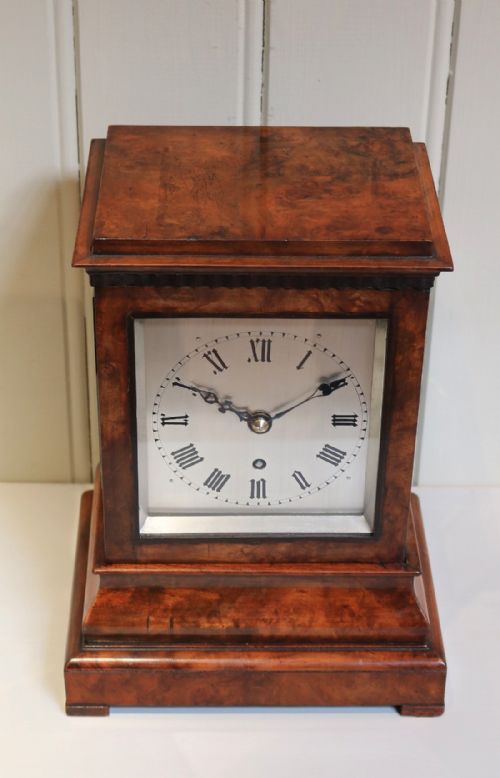 fig 1. Burr Walnut Four Glass Library Timepiece Bracket Clock (England, c. 1860)