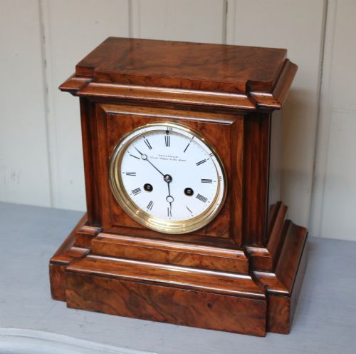 fig 1. Figured Walnut Bell Striking Mantel Clock (England, c. 1870)