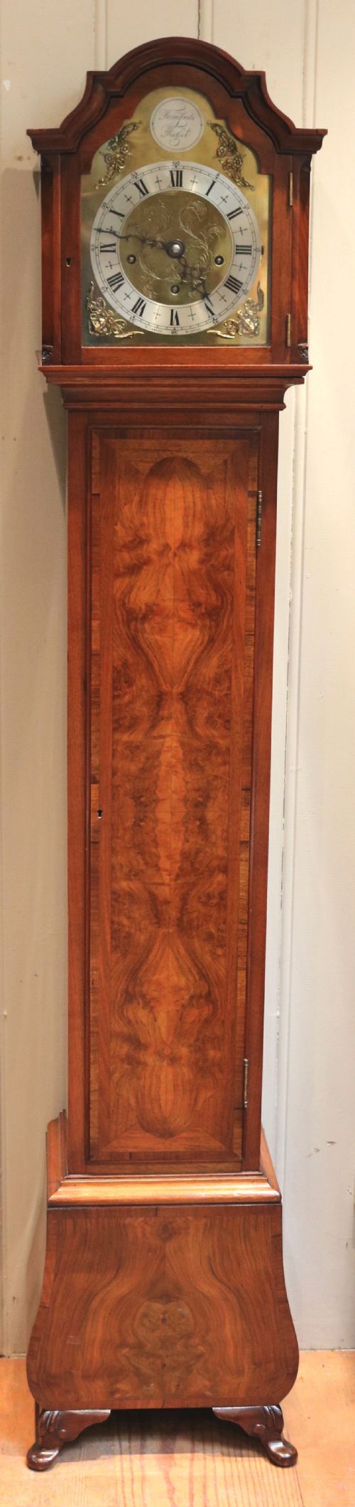 Figured Walnut Westminster Chime Grandmother Clock (England, C. 1920)