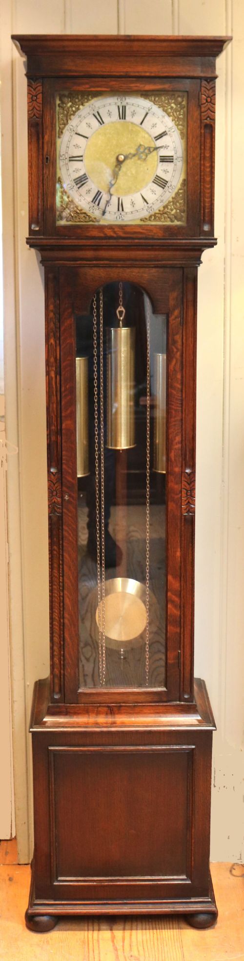 Small Oak Westminster Chime Longcase Clock (England, 1910 to 1920)