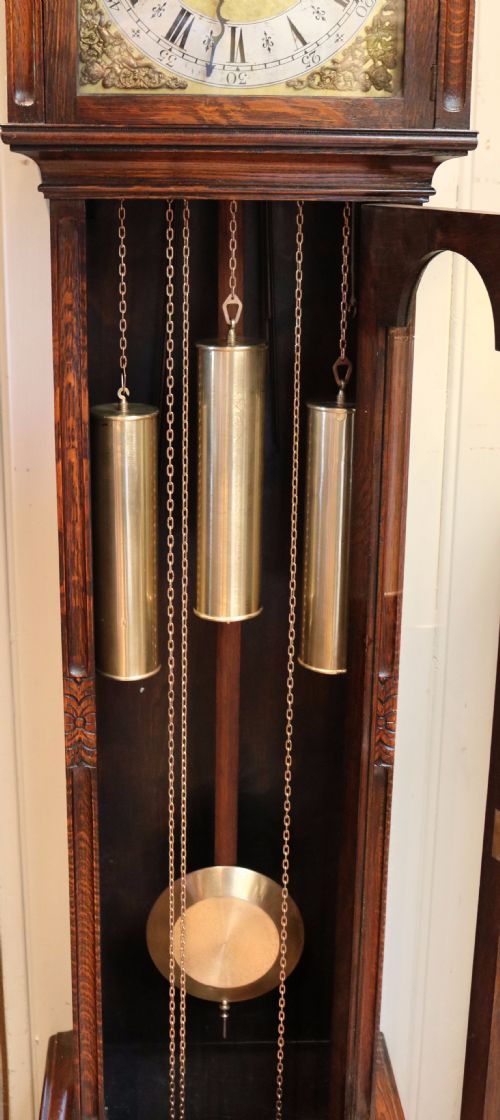 fig 1. Small Oak Westminster Chime Longcase Clock (England, 1910 to 1920)