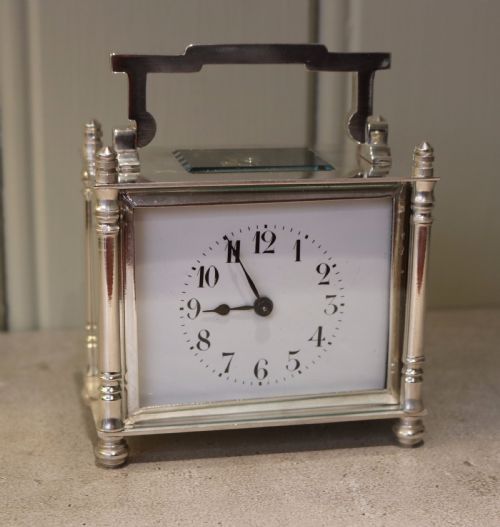 Silver Plated Timepiece Carriage Clock with Case (France, C. 1910