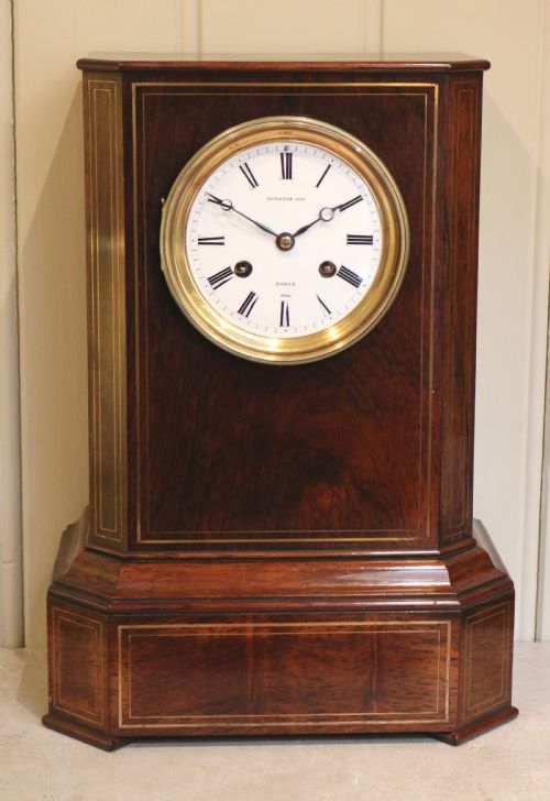 Rosewood and Brass Inlay French Mantel Clock (France, C. 1850)