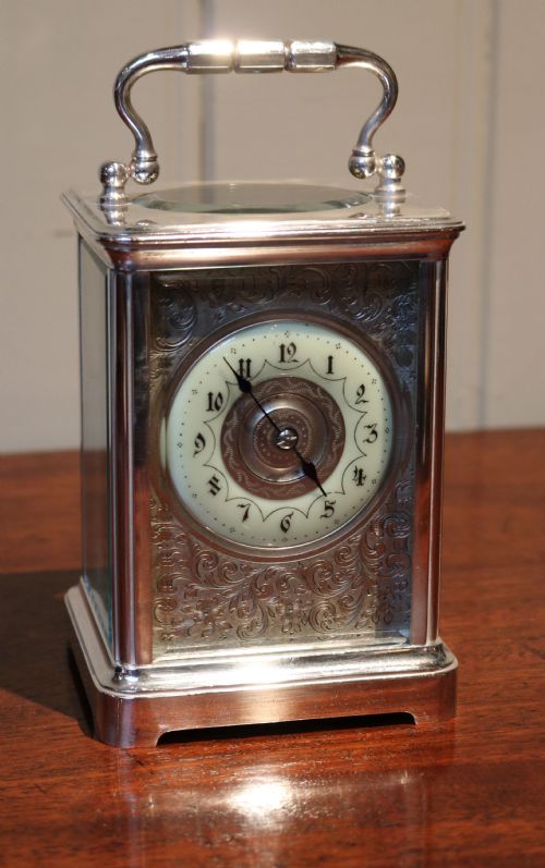 fig 1. Large Silver Plated Striking Carriage clock (France, c. 1900)