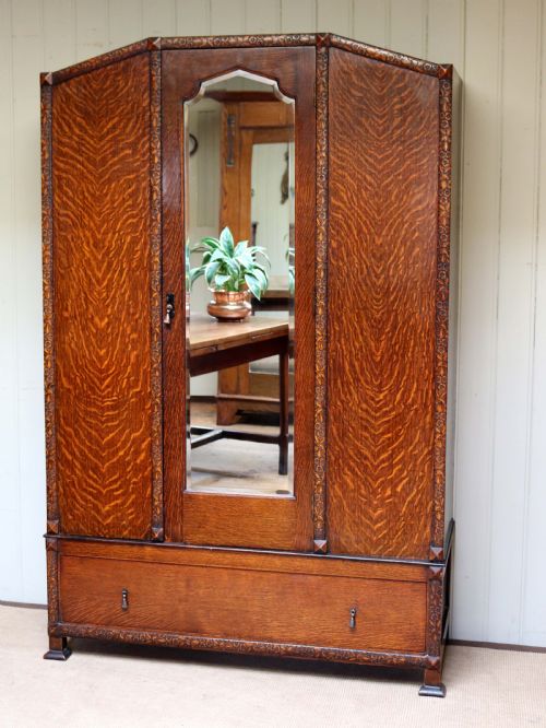 1920s Oak Mirrored Door Wardrobe