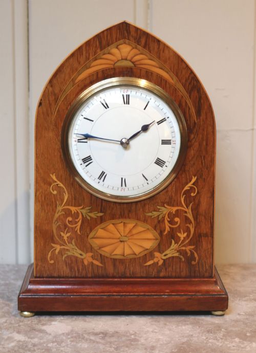 Rosewood and Inlay Lancet Top Clock (English, C. 1900)