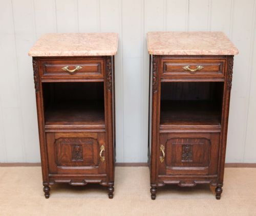 fig 1. Pair Of Solid Oak Marble Top Bedside Cabinets