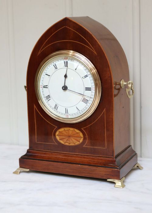 Edwardian Mahogany and Inlay Lancet Top Mantel Clock (England and France, C. 1905)